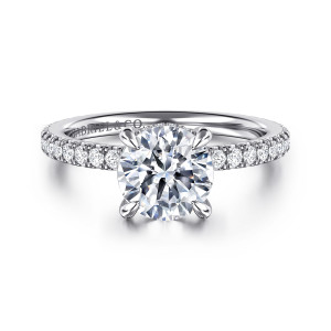 Gabriel & Co. ER16349R6W44JJ 14 karat white gold Classic engagement ring, front view of a round center on four claw prongs with diamonds along both shoulders