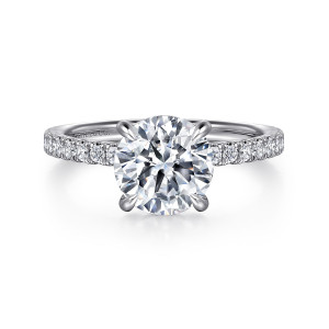 Gabriel & Co. ER16349R8W44JJ 14 karat white gold Classic engagement ring, front view of a round center on four slim prongs above a band of small diamonds