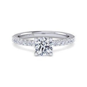 Gabriel & Co. ER16353R4W44JJ 14 karat white gold Classic engagement ring, front view of a round center in four prongs with diamonds along both shoulders