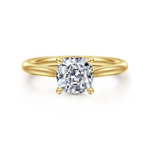 Gabriel & Co. ER16355C6Y4JJJ 14 karat yellow gold Contemporary engagement ring, front view of a cushion cut center held by four teardrop tipped prongs on a smooth tapering band