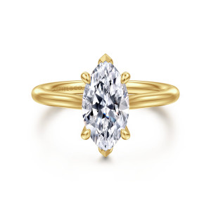 Gabriel & Co. ER16355M6Y4JJJ 14 karat yellow gold Contemporary engagement ring, front view of a marquise center with pointed end prongs and rounded side prongs