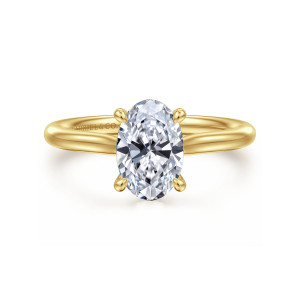 Gabriel & Co. ER16355O6Y4JJJ 14 karat yellow gold Contemporary engagement ring, front view of an oval center held by prongs with rounded drop tips above a plain band