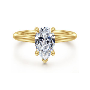 Gabriel & Co. ER16355P6Y4JJJ 14 karat yellow gold Contemporary engagement ring, front view of a pear center gripped by rounded prongs, with a pointed cap at its tip