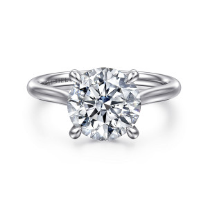 Gabriel & Co. ER16355R12W4JJJ 14 karat white gold Contemporary engagement ring, front view of a round center gripped by teardrop shaped prongs above smooth shoulders