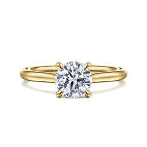 Gabriel & Co. ER16355R4Y4JJJ 14 karat yellow gold Contemporary engagement ring, front view of a round center in four tapered claw prongs on a smooth tapered band