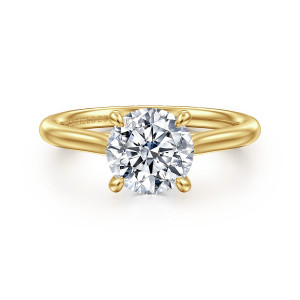 Gabriel & Co. ER16355R6Y4JJJ 14 karat yellow gold Contemporary engagement ring, front view of a round center with rounded claw tips over a polished, slightly tapering band