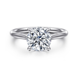 Gabriel & Co. ER16355R8W4JJJ 14 karat white gold Contemporary engagement ring, front view of a round center in claw prongs with smooth shoulders curving up on both sides