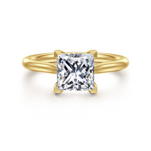 Gabriel & Co. ER16355S6Y4JJJ 14 karat yellow gold Contemporary engagement ring, front view of a princess cut center gripped at its corners by squared prongs