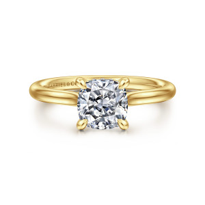 Gabriel & Co. ER16356C6Y44JJ 14 karat yellow gold Classic engagement ring, front view of a cushion center held in prongs above a smooth plain band