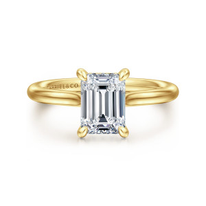 Gabriel & Co. ER16356E6Y44JJ 14 karat yellow gold Classic engagement ring, front view of a rectangular step cut center with four rounded prongs and a smooth band