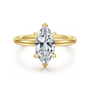 Gabriel & Co. ER16356M6Y44JJ 14 karat yellow gold Classic engagement ring, front view of a marquise center held by pointed V prongs at both tips and side claws