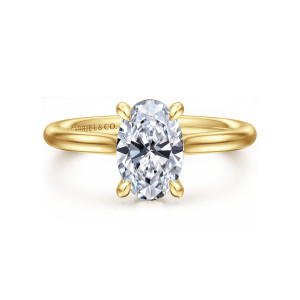 Gabriel & Co. ER16356O6Y44JJ 14 karat yellow gold Classic engagement ring, front view of an oval center in slim claw prongs with no stones showing around it