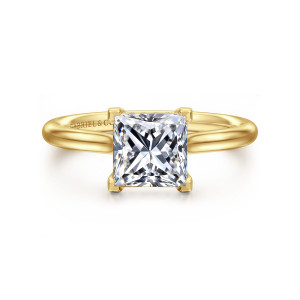Gabriel & Co. ER16356S6Y44JJ 14 karat yellow gold Classic engagement ring, front view of a princess cut center gripped by four flat topped corner prongs