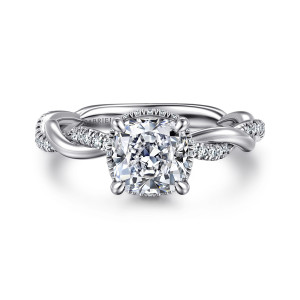 Gabriel & Co. ER16357C6W44JJ 14 karat white gold Contemporary engagement ring, front view of a cushion center with a beaded trim and diamonds along the twisting strands