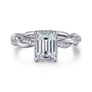 Gabriel & Co. ER16357E6W44JJ 14 karat white gold Contemporary engagement ring, front view of an emerald cut center with twisting strands and diamonds curving out on both sides