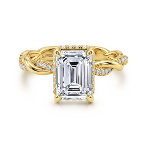 Gabriel & Co. ER16357E8Y44JJ 14 karat yellow gold Contemporary engagement ring, front view of an emerald cut center with a thin rim of small diamonds showing around its edge