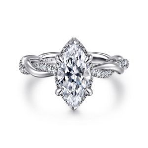 Gabriel & Co. ER16357M6W44JJ 14 karat white gold Contemporary engagement ring, front view of a marquise center with a beaded rim above a twisting band set with small diamonds