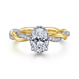Gabriel & Co. ER16357O4M44JJ 14 karat white and yellow gold Contemporary engagement ring, front view of an oval center inside a fine rim with the twisting band rising to the head