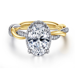 Gabriel & Co. ER16357O8M44JJ 14 karat white and yellow gold Contemporary engagement ring, front view of an oval center with a fine edge of small diamonds peeking out beneath it