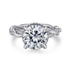 Gabriel & Co. ER16357R12W44JJ 14 karat white gold Contemporary engagement ring, front view of a round center in four claws with twisted diamond strands on both sides