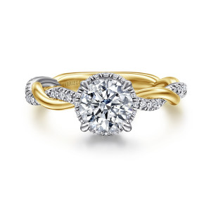 Gabriel & Co. ER16357R4M44JJ 14 karat white and yellow gold Contemporary engagement ring, front view of a round center with a scalloped rim beneath it and braided strands at each side