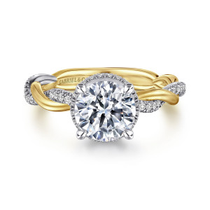 Gabriel & Co. ER16357R6M44JJ 14 karat white and yellow gold Contemporary engagement ring, front view of a round center with a thin beaded edge and twisting strands at each side