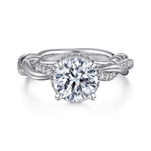 Gabriel & Co. ER16357R6W44JJ 14 karat white gold Contemporary engagement ring, front view of a round center with a beaded rim behind the stone and braided diamond strands