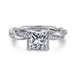 Gabriel & Co. ER16357S6W44JJ 14 karat white gold Contemporary engagement ring, front view of a princess cut center with corner prongs and rope like strands winding on both shoulders