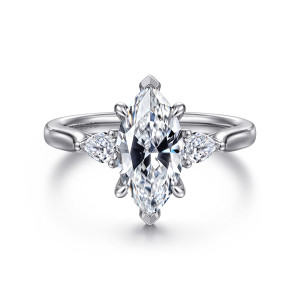 Gabriel & Co. ER16402M6W44JJ 14 karat white gold Lotus engagement ring, front view of a marquise center with pointed end tips and a small diamond on each side