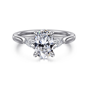 Gabriel & Co. ER16402O6W44JJ 14 karat white gold Lotus engagement ring, front view of an oval center with a pear shaped stone on each side pointing outward