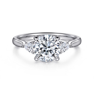 Gabriel & Co. ER16402R8W44JJ 14 karat white gold Lotus engagement ring, front view of a round center on four prongs flanked by two pear shaped diamonds
