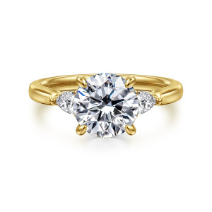 Gabriel & Co. ER16402R8Y44JJ 14 karat yellow gold Lotus engagement ring, front view of a round center in four prongs between pear shaped side stones