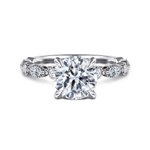 Gabriel & Co. ER16404R8W44JJ 14 karat white gold Victorian engagement ring, front view of a round center with milgrain framed round and elongated diamonds on the shoulders