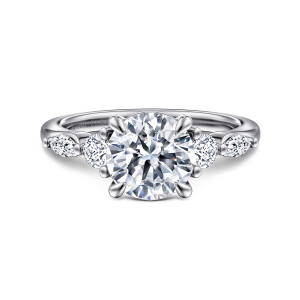 Gabriel & Co. ER16406R8W44JJ 14 karat white gold Contemporary engagement ring, front view of a round center with a round stone and an elongated stone on each side
