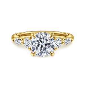Gabriel & Co. ER16406R8Y44JJ 14 karat yellow gold Contemporary engagement ring, front view of a round center flanked by a round stone and an elongated stone on each side