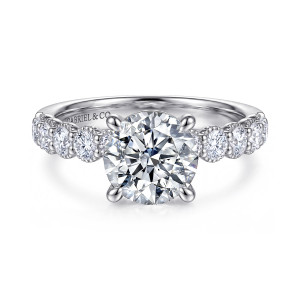Gabriel & Co. ER16408R8W44JJ 14 karat white gold Classic engagement ring, front view of a round center with round diamonds in beaded rim seats on both shoulders