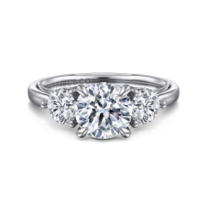 Gabriel & Co. ER16413R6W44JJ 14 karat white gold Classic engagement ring, front view of a round center in four teardrop tipped prongs between two round side stones