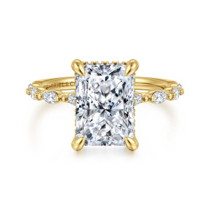 Gabriel & Co. ER16414N14Y44JJ 14 karat yellow gold Contemporary engagement ring, front view of a rectangular center with clipped corners, four prongs and elongated stones on the shoulders