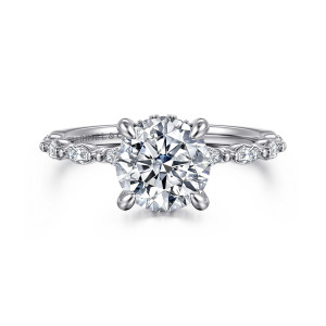 Gabriel & Co. ER16414R6W44JJ 14 karat white gold Contemporary engagement ring, front view of the round center with elongated shoulder stones separated by tiny metal beads