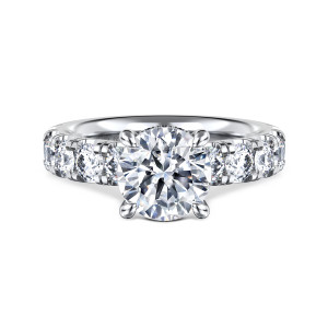 Gabriel & Co. ER16420R8W44JJ 14 karat white gold Classic engagement ring, front view of a round center flanked by large round diamonds in shared prong settings