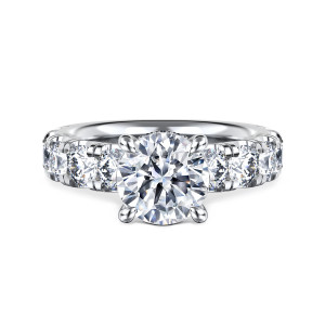 Gabriel & Co. ER16421R8W44JJ 14 karat white gold Classic engagement ring, front view of a round center flanked by large round stones set into the band