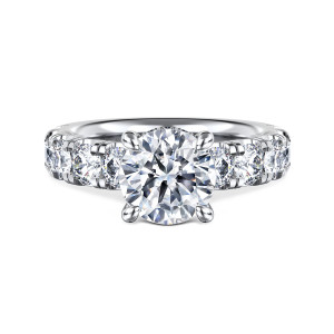Gabriel & Co. ER16422R8W44JJ 14 karat white gold Classic engagement ring, front view of the round center flanked by large round diamonds in shared prongs