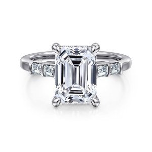 Gabriel & Co. ER16423E12W44JJ 14 karat white gold Contemporary engagement ring, front view of an emerald cut center with baguette diamonds set on each side of the head