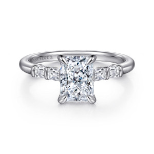 Gabriel & Co. ER16423N6W44JJ 14 karat white gold Contemporary engagement ring, front view of a rectangular center between two pairs of bar set baguette stones
