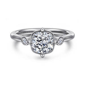 Gabriel & Co. ER16429C6W43JJ 14 karat white gold Contemporary engagement ring, front view of a cushion center with claws at the side midpoints and small bezel stones flanking it