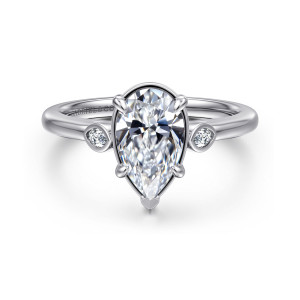 Gabriel & Co. ER16429P6W43JJ 14 karat white gold Contemporary engagement ring, front view of a pear shaped center with a thin rim and a small stone on each side