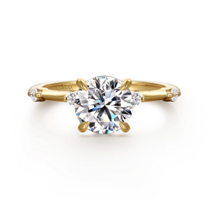Gabriel & Co. ER16431R10Y44JJ 14 karat yellow gold Contemporary engagement ring, front view of a round center with a small diamond right beside it on each side