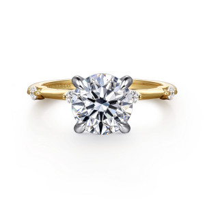 Gabriel & Co. ER16431R8M44JJ 14 karat white and yellow gold Contemporary engagement ring, front view of a large round center with a small round stone touching the head on each side