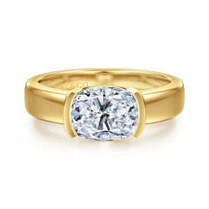 Gabriel & Co. ER16433G8Y4JJJ 14 karat yellow gold Contemporary engagement ring, front view of an elongated center held by a curved bar at each end on a wide band