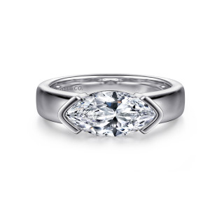 Gabriel & Co. ER16433M6W4JJJ 14 karat white gold Contemporary engagement ring, front view of a marquise center set east to west between angular caps at its two points